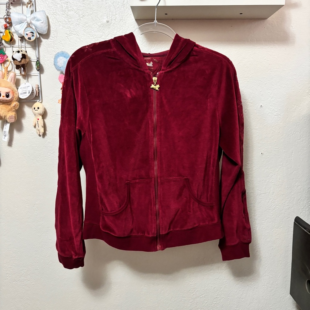 y2k Central Park Velour Floral Embroidery Zip Up Hoodie Jacket Sz Large